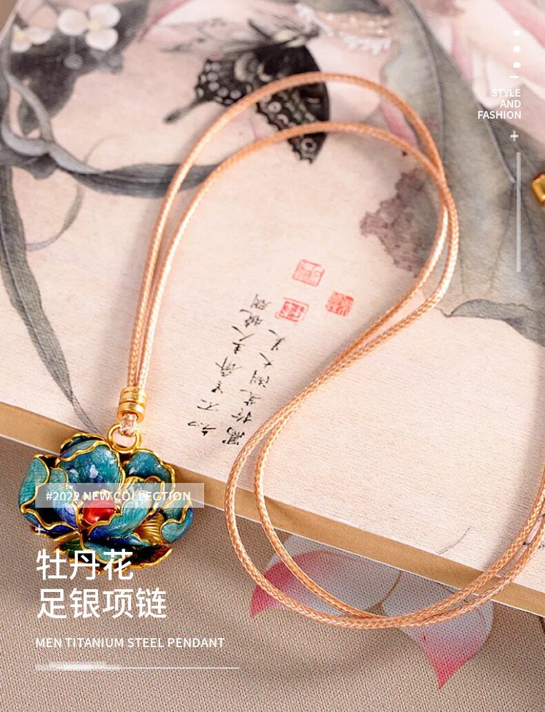 товар из китая 轻奢国风足银9999牡丹花项链女珐琅彩民族风纯银吊坠长款毛衣链