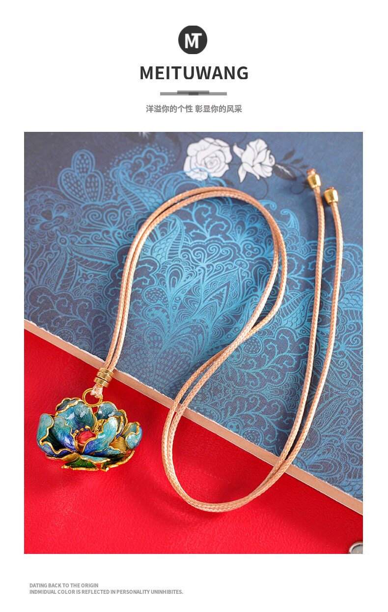 товар из китая 轻奢国风足银9999牡丹花项链女珐琅彩民族风纯银吊坠长款毛衣链