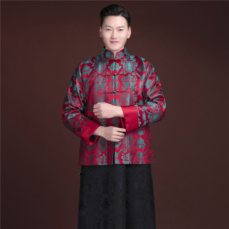 Huafen Chinese wedding dress custom men's Chinese wedding dress Black Pisces robe Red and green Pisces long sleeve jacket