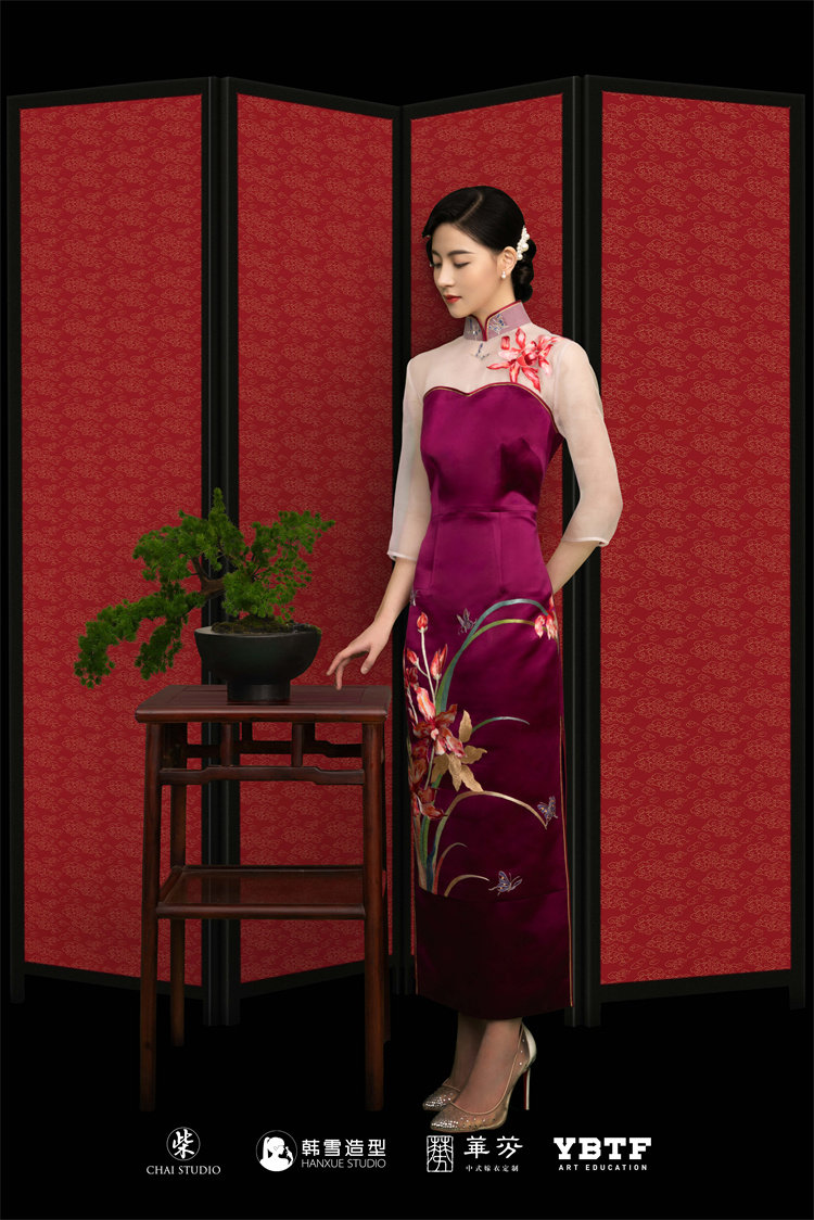 Huffin Wedding Dress New Purple Red Qipao Embroidered Orchid Butterfly Genuine Silk Fabric Brocade Augen Yarn