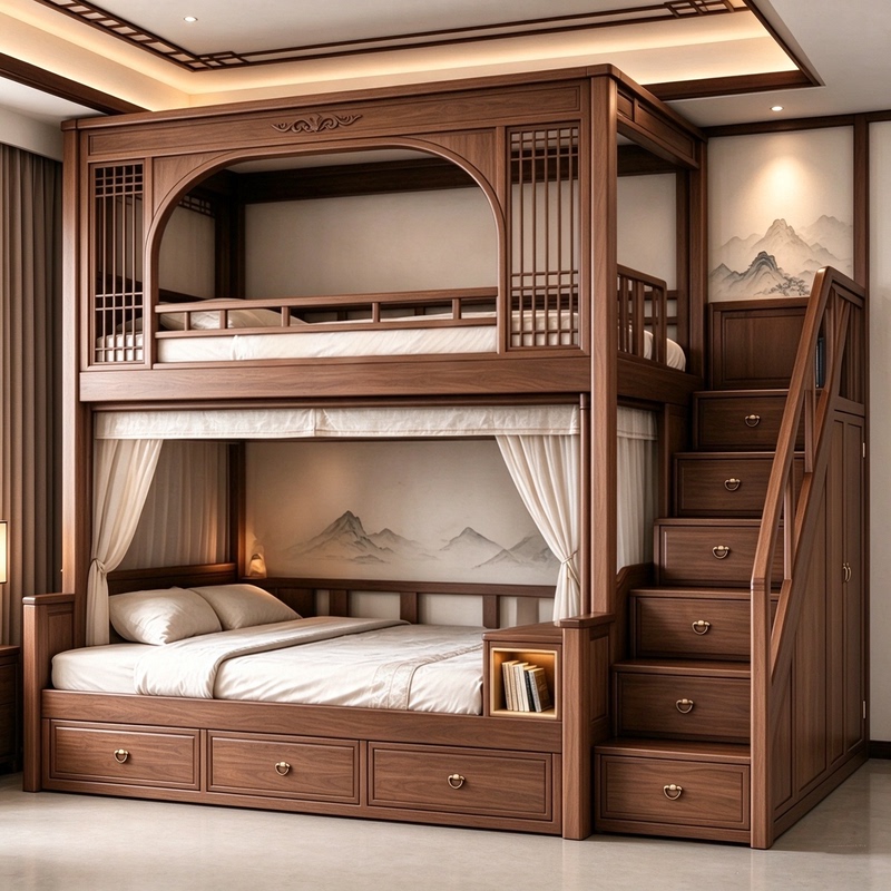 Song-Style Aesthetics North American Black Walnut Solid Wood Bunk Bed Chinese-Style Bunk Bed with Storage Stairs Multifunctional Double Bed Song-Style Aesthetics North American Black Walnut Solid Wood Bunk Bed Chinese-Style Bunk Bed with Storage Stairs Multifunctional Double Bed