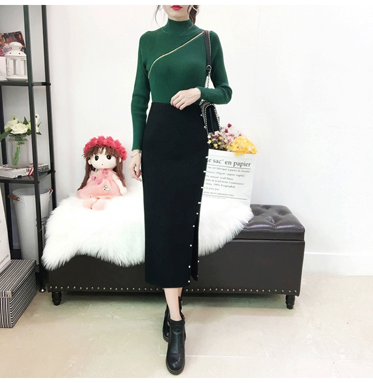 2018 đầu mùa thu thời trang mới cổng gió chia nút nail bead len đan váy dài váy ladies hoang dã chân váy midi xếp ly