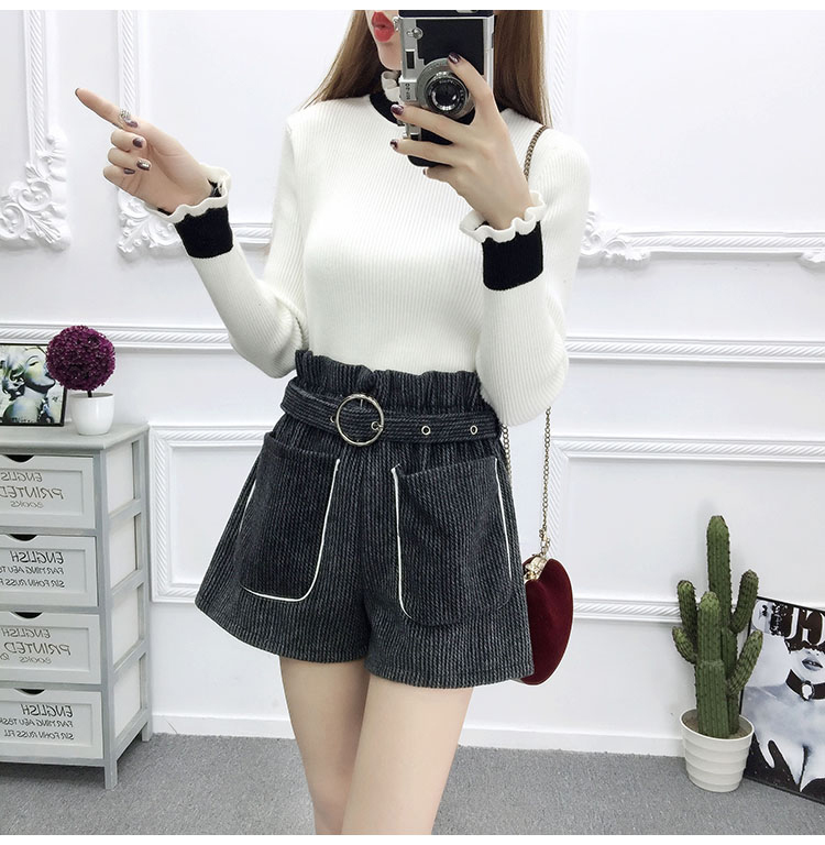 Quần short len ​​nữ mùa thu đông 2018 mới mặc một chiếc quần ống rộng phiên bản Hàn Quốc của quần lửng ống rộng eo thon hoang dã quần đùi cạp cao
