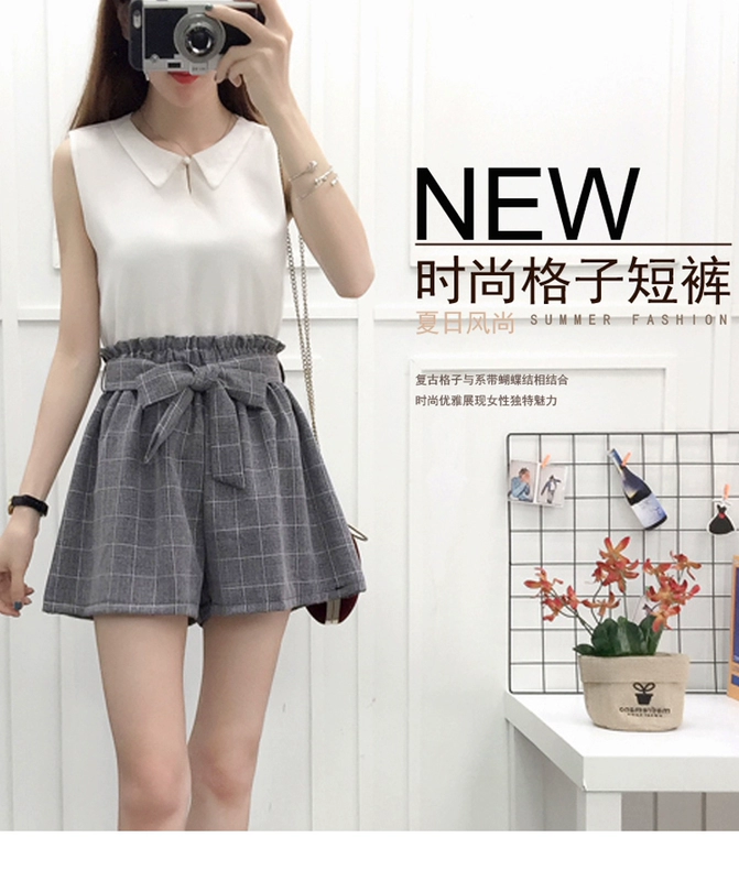 Mùa hè mới Hàn Quốc phiên bản cotton và vải lanh kẻ sọc quần short nữ thủy triều rộng kích thước lớn là quần lửng ống rộng quần ống rộng