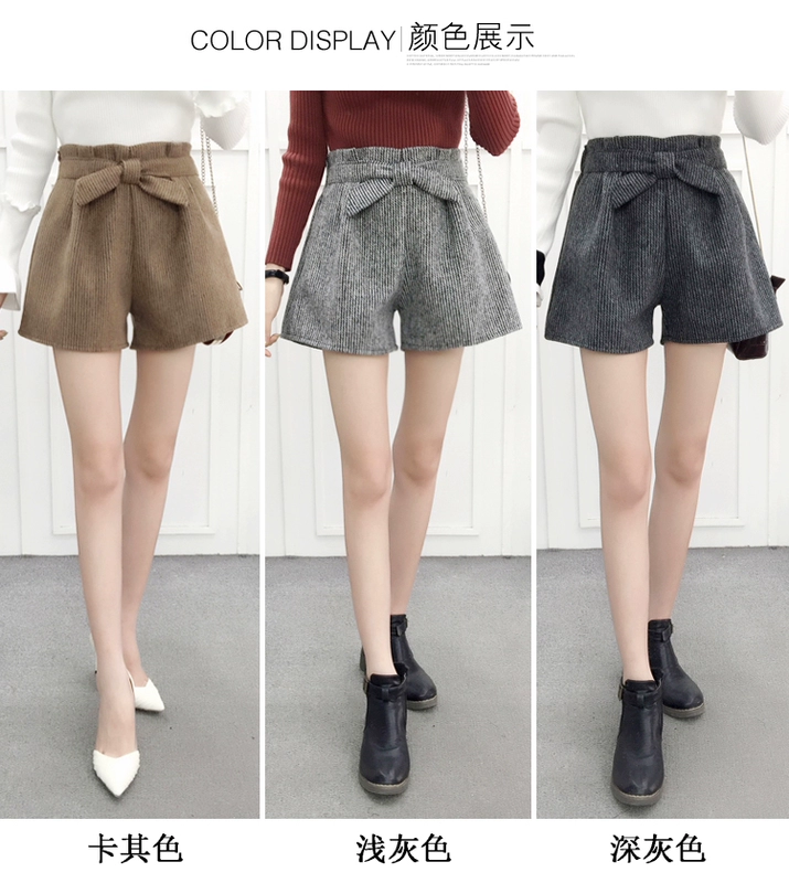 2018 quần short len ​​nữ mùa thu đông mới một từ quần ống rộng phiên bản Hàn Quốc là quần lửng thắt nơ hoang