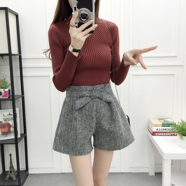 2018 quần short len ​​nữ mùa thu đông mới một từ quần ống rộng phiên bản Hàn Quốc là quần lửng thắt nơ hoang quần short nữ