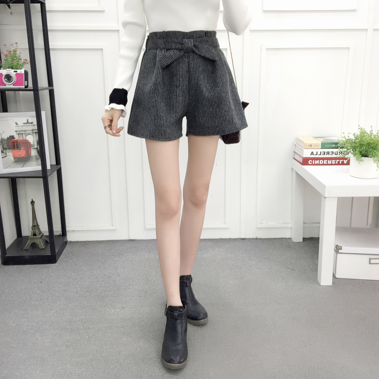 2018 quần short len ​​nữ mùa thu đông mới một từ quần ống rộng phiên bản Hàn Quốc là quần lửng thắt nơ hoang quần short nữ