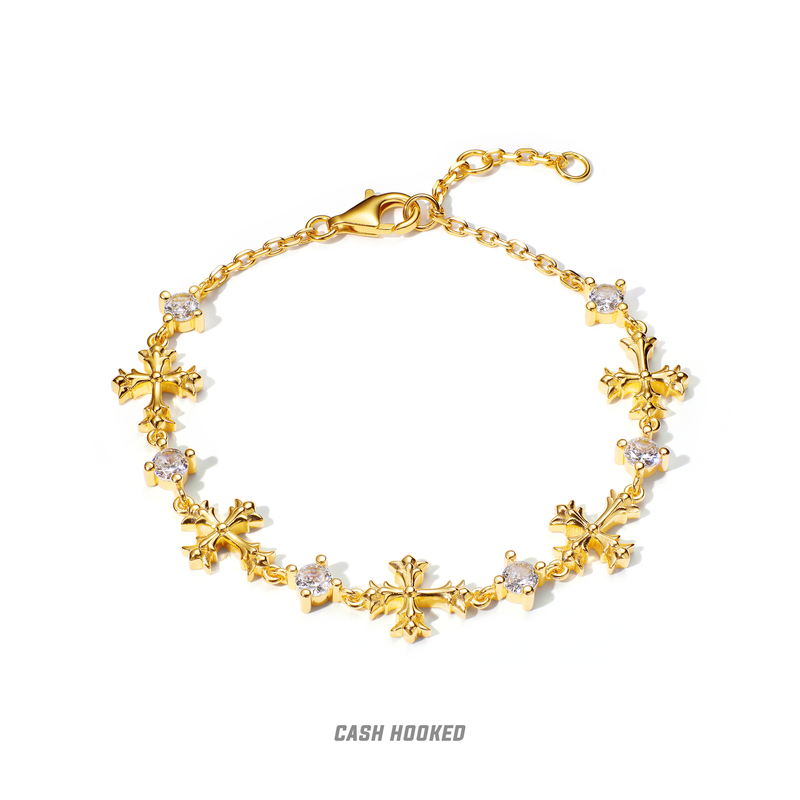 Cashhooked S925 Silver Gold-Plated Crossbracelet Cross Ice Flower Bracelet Trendy Hip-Hop
