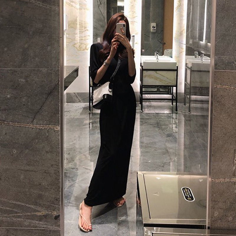 Modal Dress, Loose Short-Sleeved, Round Neck, Black, Extra-Long Floor-Length Dress, High-Waisted, Plus-Size, Slimming Long Dress for Women, Summer