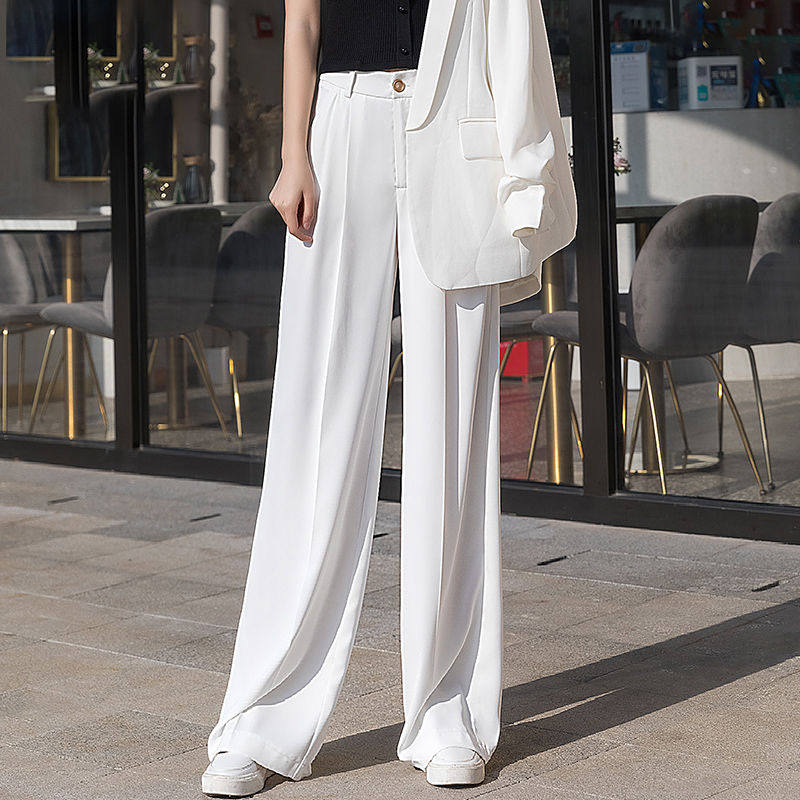 Pendant feeling white wide pants female summer new high waist loose ice silk western clothing pants covety snow spinning straight tug long pants