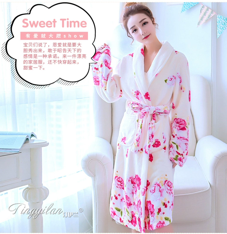 Bộ đồ ngủ của phụ nữ áo choàng tắm bằng lông cừu san hô dài tay mùa thu và bộ đồ ngủ mùa đông dịch vụ tại nhà áo ngủ nam