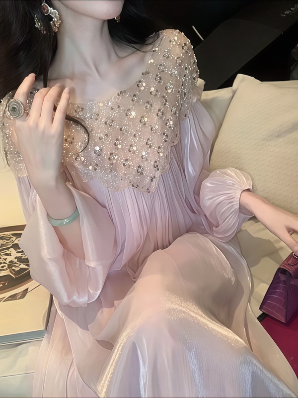 2026 New Korean Style Autumn Fashion Versatile Round Neck Heavy Beaded Sequin Lantern Sleeve Dress for Women Trendy 2026 New Korean Style Autumn Fashion Versatile Round Neck Heavy Beaded Sequin Lantern Sleeve Dress for Women Trendy