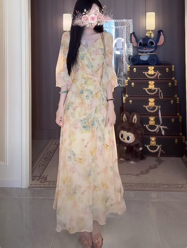 2026 Summer New Long Dress for Women, This Year's Popular Hot Item, Stylish and Trendy Yellow Floral Vacation Dress