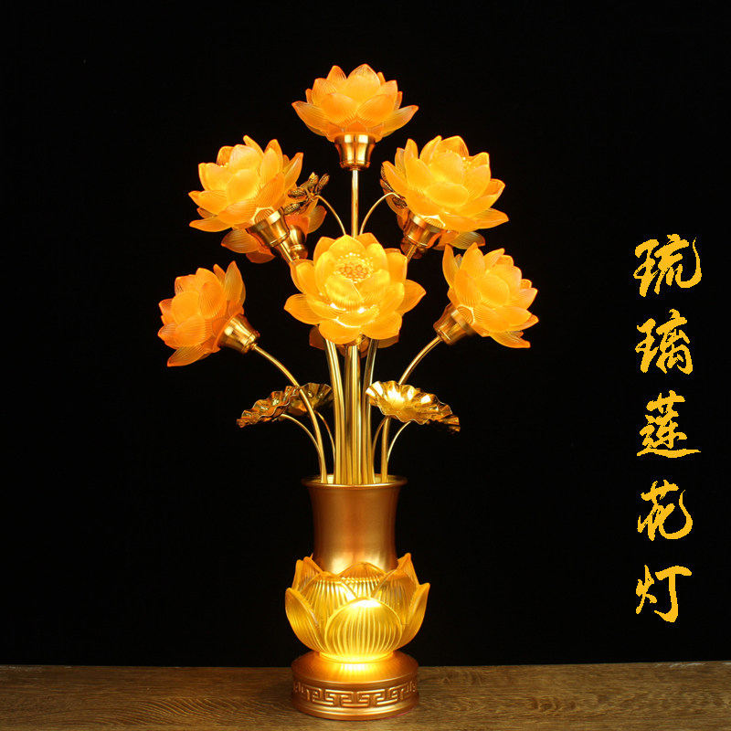 LED home with colorful crystal glass lotus lamp Buddha offering lamp plugged in front of the Buddha Changming Buddhist Hall Temple Guanyin Nine Pins