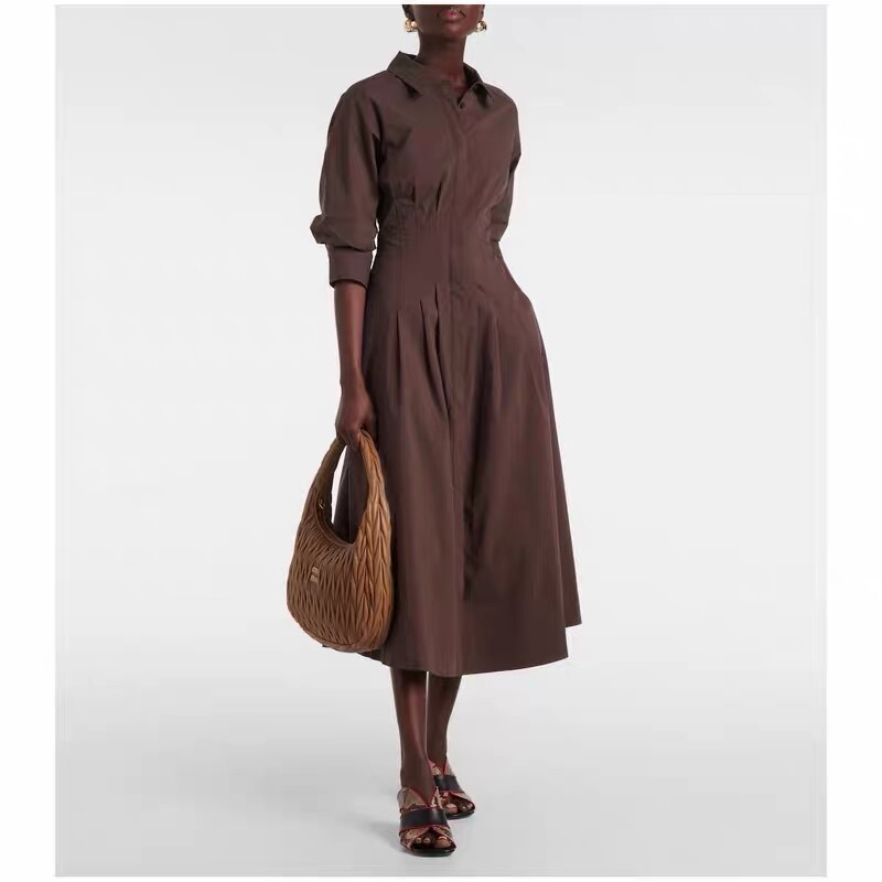 European and American High-End Jon Classic Pleated Mid-Sleeve Waist-Cinching Midi Dress for Women