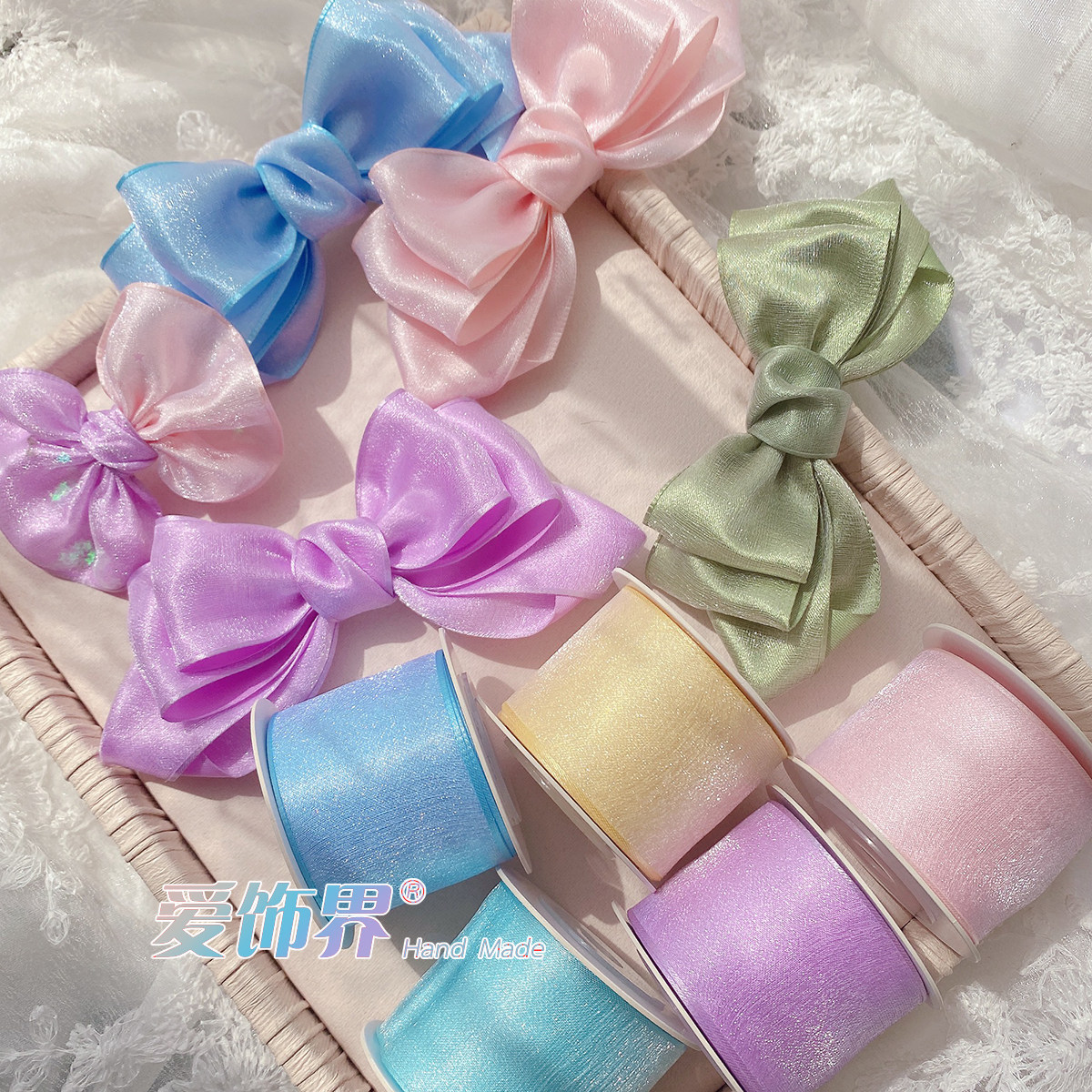 38MM Korea Imports Pearlescent Bilayer Snow Yarn Pearly Yarn Upscale Handmade Butterfly Knot Hair Accessories Material Silk Ribbon