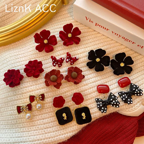 Демисезонные красные серьги из жемчуга, в цветочек, изысканный стиль, легкий роскошный стиль