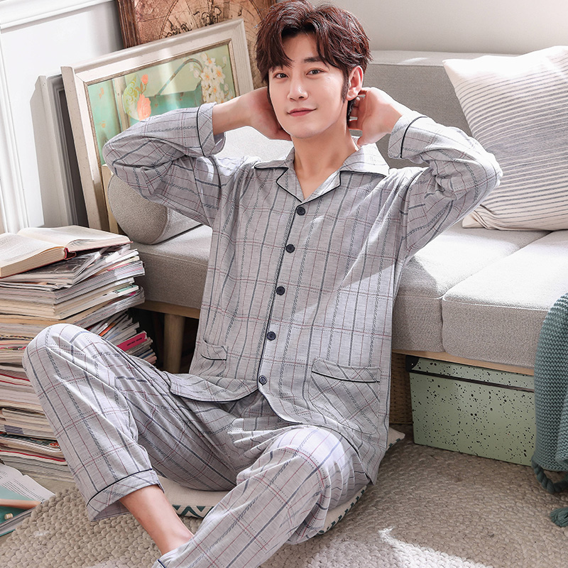 Pyjama nam mùa xuân và mùa thu bông trung niên tăng có thể mặc quần áo dài tay mens hai mảnh quần áo mùa đông nhà.