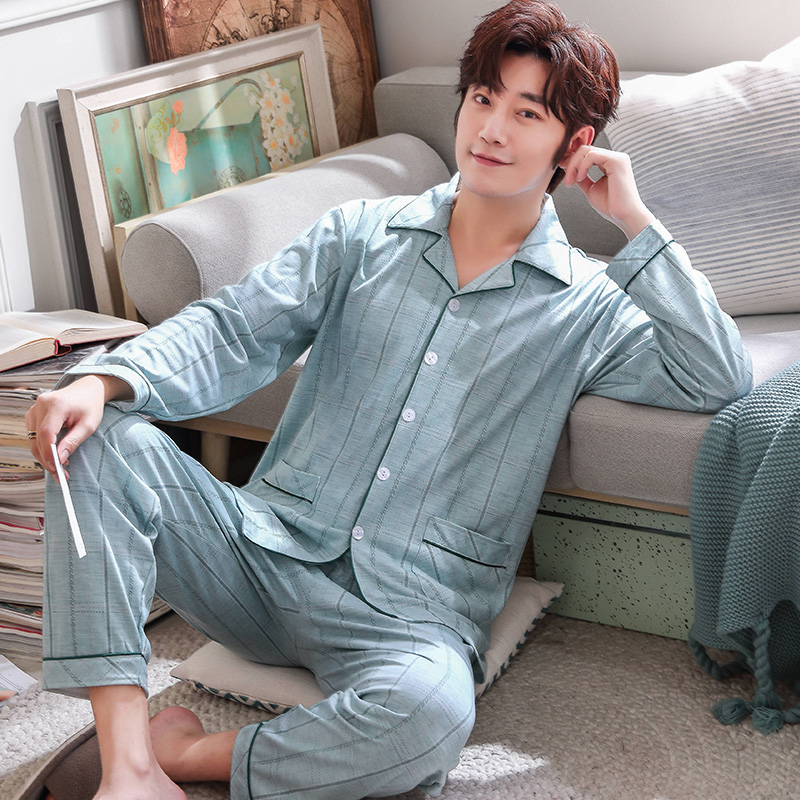 Pyjama nam mùa xuân và mùa thu bông trung niên tăng có thể mặc quần áo dài tay mens hai mảnh quần áo mùa đông nhà.