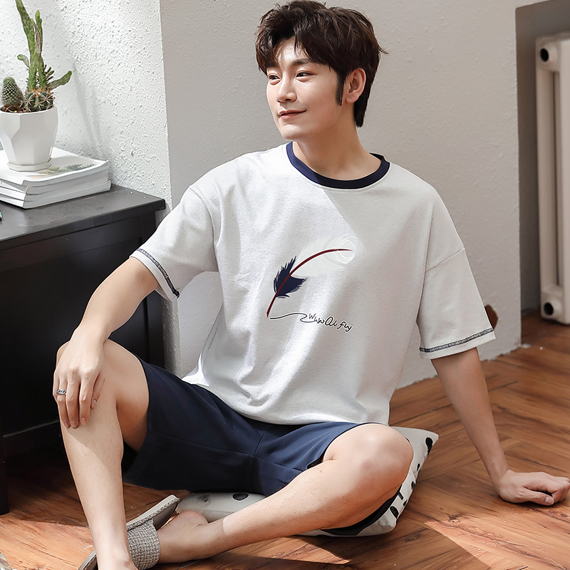 Bộ đồ ngủ Mens Summer bông mỏng ngắn tay áo thể thao Phong cách Mens Casual Shorts Home Mang mùa hè hai mảnh Set.