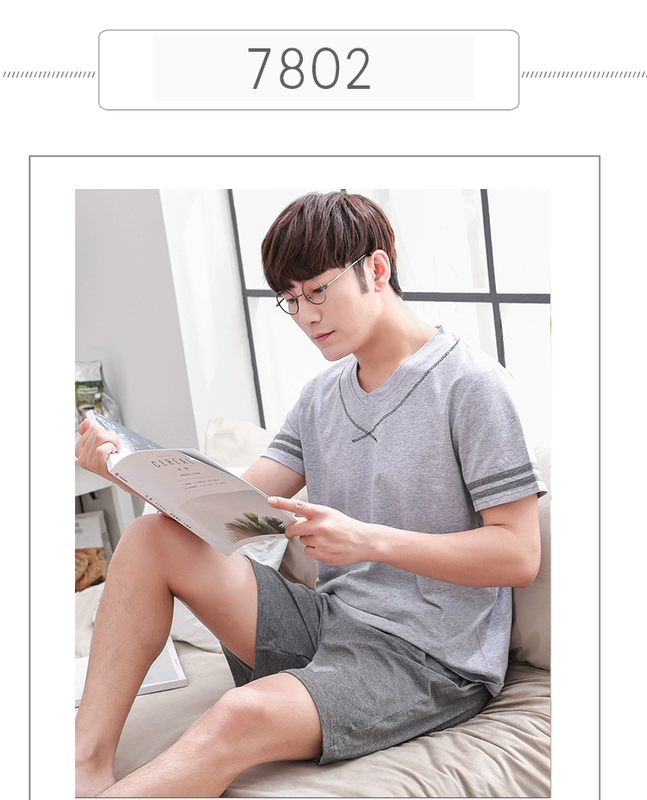 Của nam giới ngắn tay đồ ngủ mùa hè phần mỏng cotton Hàn Quốc sinh viên tươi trẻ tuổi có thể mặc nhà dịch vụ phù hợp với mùa hè bộ pijama