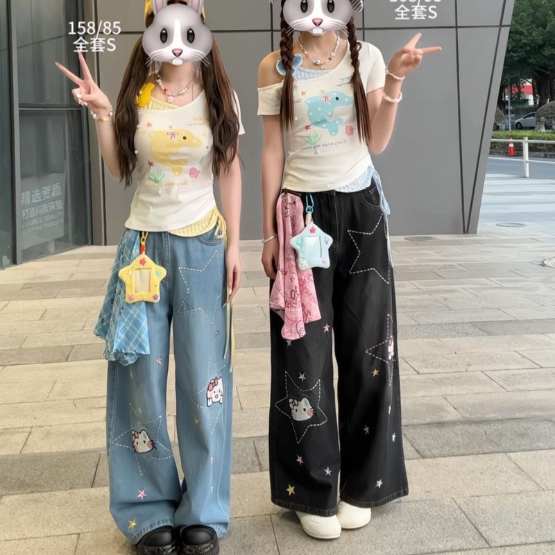 Salt-Style College Outfit Dopamine Sweet Fake Two-Piece Off-Shoulder Short-Sleeve Women's Scarf Star Denim Pants Two-Piece Set Salt-Style College Outfit Dopamine Sweet Fake Two-Piece Off-Shoulder Short-Sleeve Women's Scarf Star Denim Pants Two-Piece Set
