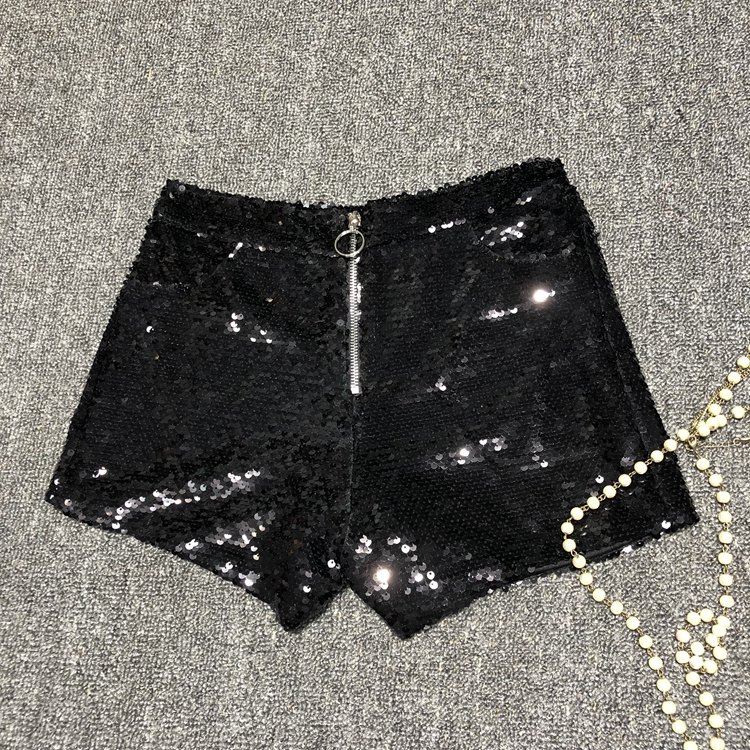 Thu đông 2018 mới Quần lửng sequin hoang dã dây kéo eo cao lấp lánh sân khấu CHIC Hong Kong phong cách quần âu quần short jean nữ lưng cao
