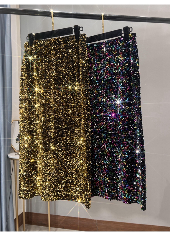 2022 New Thickened French High-Waisted Slim-Fit Versatile Mid-Length Pencil Skirt with Slit Black Sequin Skirt for Women
