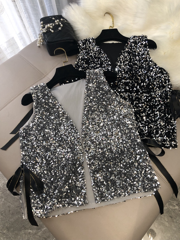 New Autumn and Winter Bingbing Shiny Sequin Vest, Loose Lace-Up Short Style, Versatile with Shirts, Small Cardigan Top