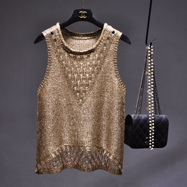 Han Enjia Fashionable and Unique Bingbing Sparkling Sequin Hollow Out Vest Shiny Sleeveless Base Shirt Top for Women