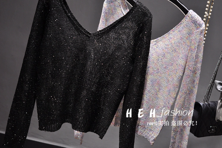 Han Enjia Sequined đôi áo len mỏng cổ chữ V mỏng lấp lánh gợi cảm khoe thân dài lệch vai áo khoác len