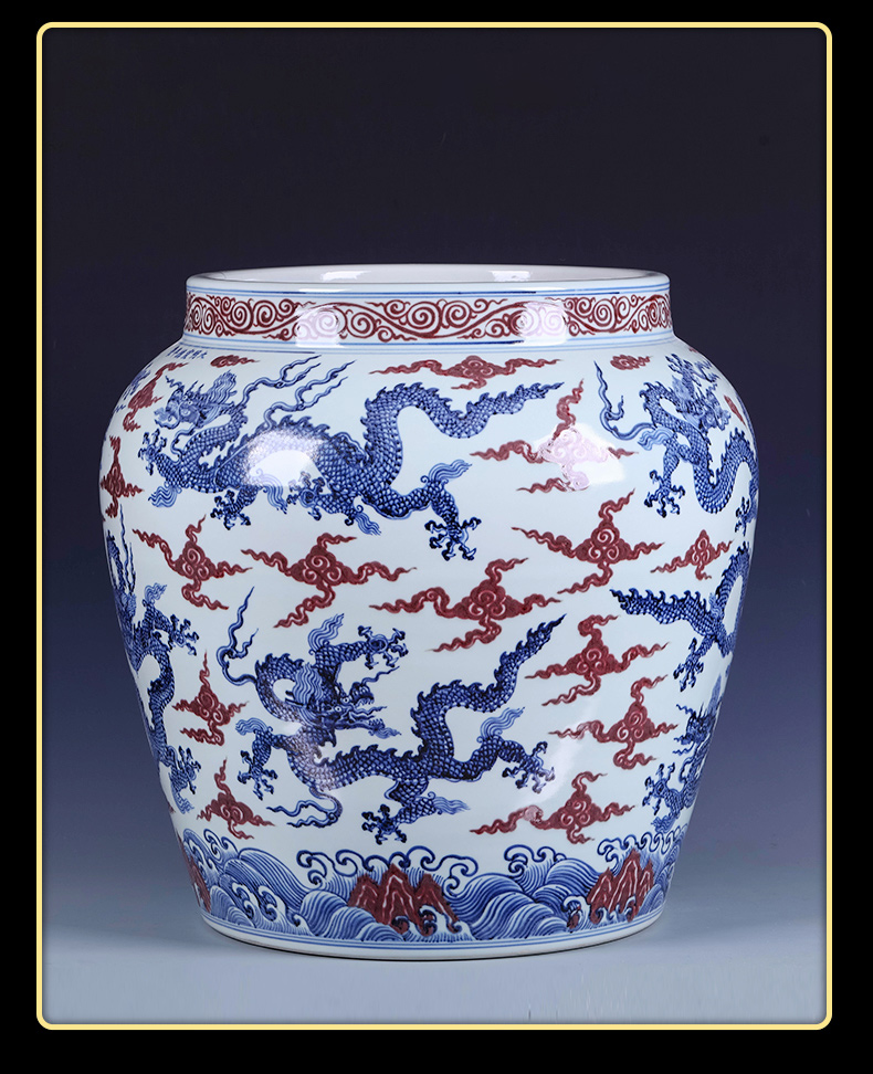 Jingdezhen blue and white youligong imitation Ming xuande years hand - made of red dragon grain VAT furnishing articles hotel courtyard sitting room adornment