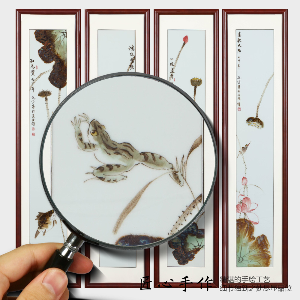 Jingdezhen ceramic plate drawing hand draw four screen new Chinese style household adornment picture sitting room background wall lotus hang a picture
