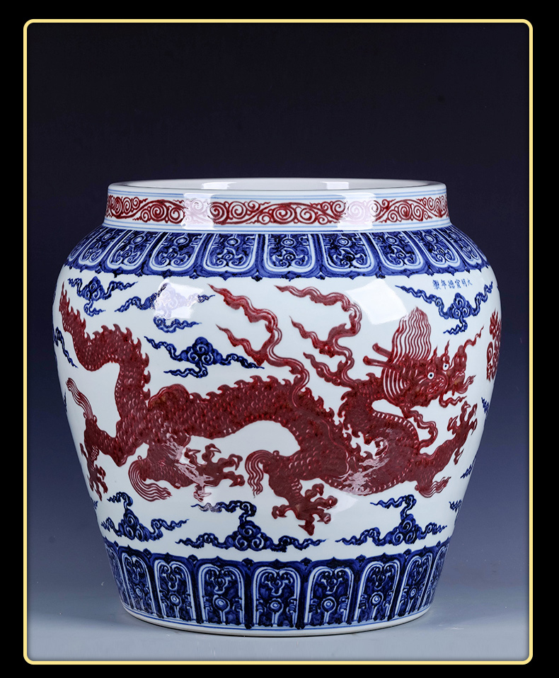 Jingdezhen blue and white youligong imitation Ming xuande years hand - made of red dragon grain VAT furnishing articles hotel courtyard sitting room adornment