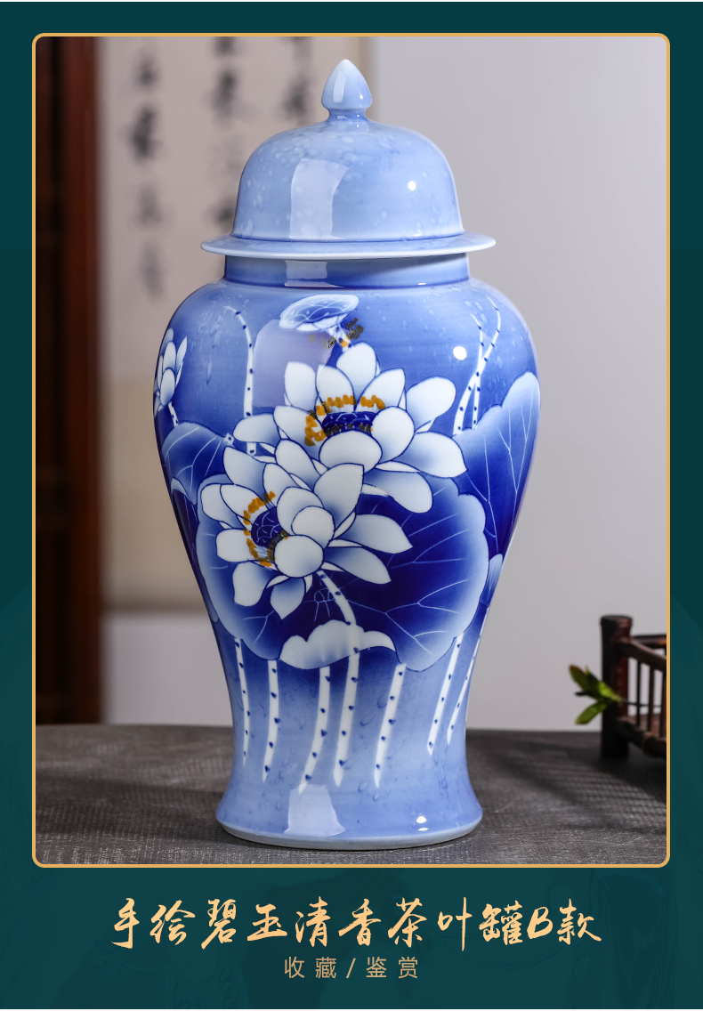 Blue and white porcelain of jingdezhen ceramic tea Chinese tea pot with cover seal storage jar decorations furnishing articles