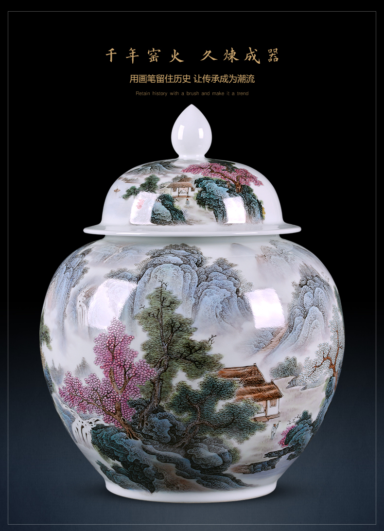 Jingdezhen ceramics general famous hand - made pastel landscape cover pot storage tank decoration of Chinese style household furnishing articles