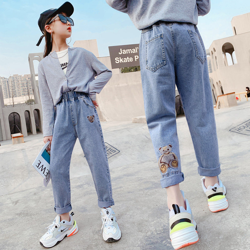 Girls' pants children's cute pattern casual jeans dad 2022 new middle-aged children's western style spring clothes