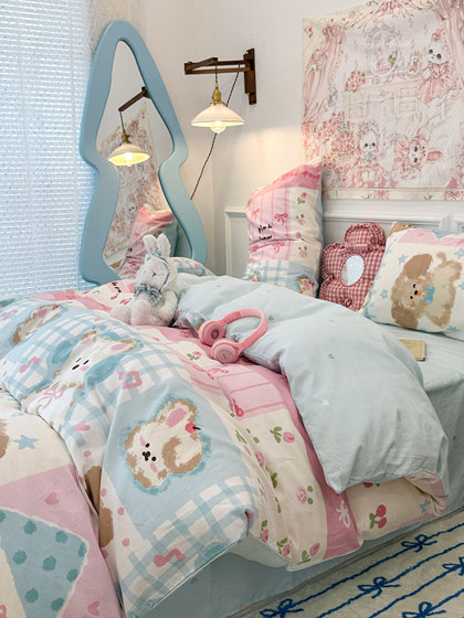 Cute Puppy Four-Piece Set 100% Pure Cotton Bed Sheet Duvet Cover Student Dormitory Single Bed Three-Piece Set 3