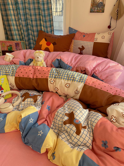 Year of the Horse Pure Cotton Four-Piece Bedding Set, All-Cotton Bed Sheet, Duvet Cover, Fitted Sheet, Red Children's Student Dormitory Three-Piece Duvet Cover Set