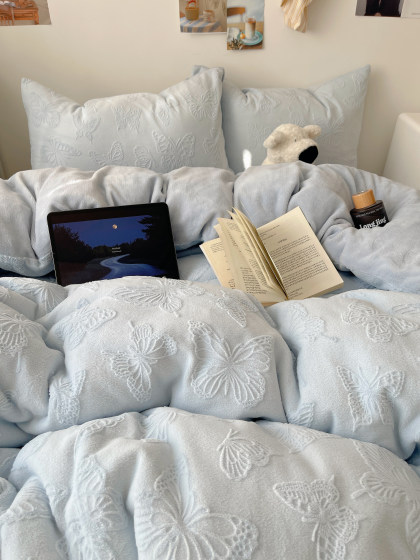 Class a Bed Milk Velvet Four-Piece Set Coral Bed Sheet Fleece Duvet Cover Winter Plush Flannel Dormitory Three-Piece Set 4