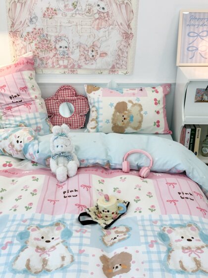 Cute Puppy Four-Piece Set 100% Pure Cotton Bed Sheet Duvet Cover Student Dormitory Single Bed Three-Piece Set 3