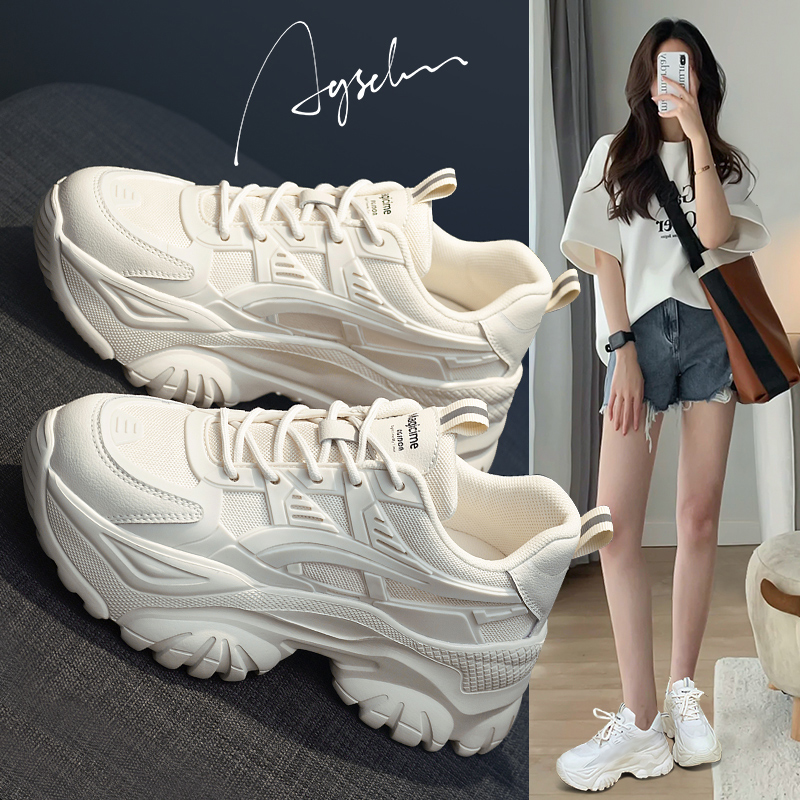 女性用厚底ダッドシューズ 2025年春夏新作 身長アップ スポーツ ホワイト カジュアル 爆発メッシュ 通気性 万能 ソフトソール