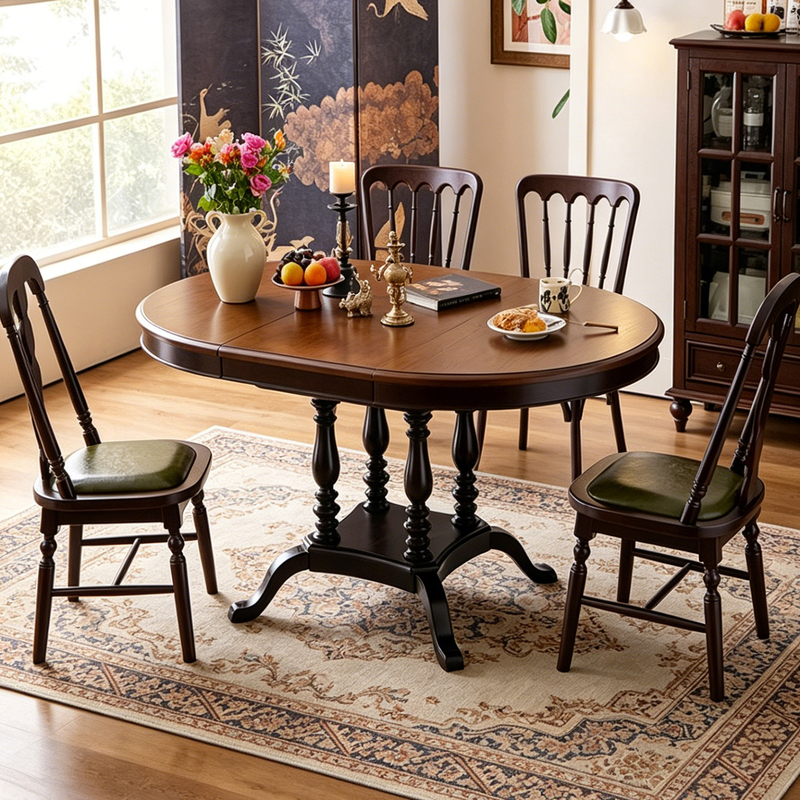 French-Style Mid-Century Solid Wood Dining Table, Extendable and Foldable, Suitable for Small Households, Convertible to an Oval Shape, American-Style Round Dining Table