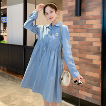 Pregnant womens spring new Korean plus size loose dress mid-length drawstring waist thin pregnant women shirt skirt