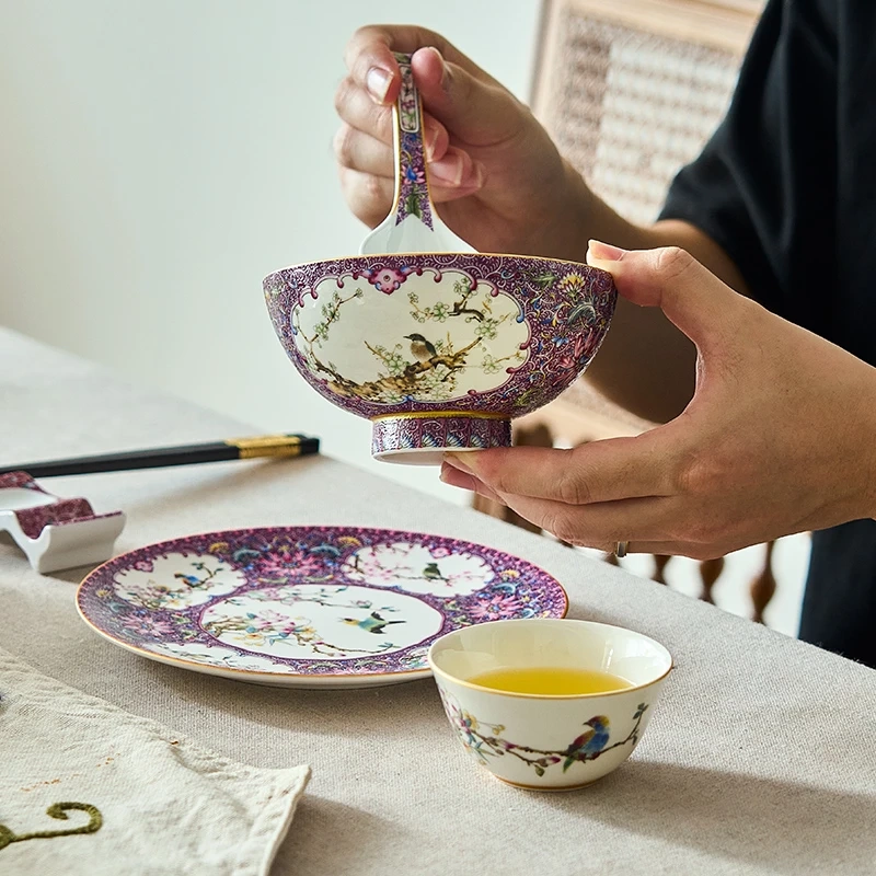 Good News] Jingdezhen Enamel Bowls and Plates Tableware Set for One Person, Exquisite Chinese-Style Tableware Set, Light Luxury Tableware