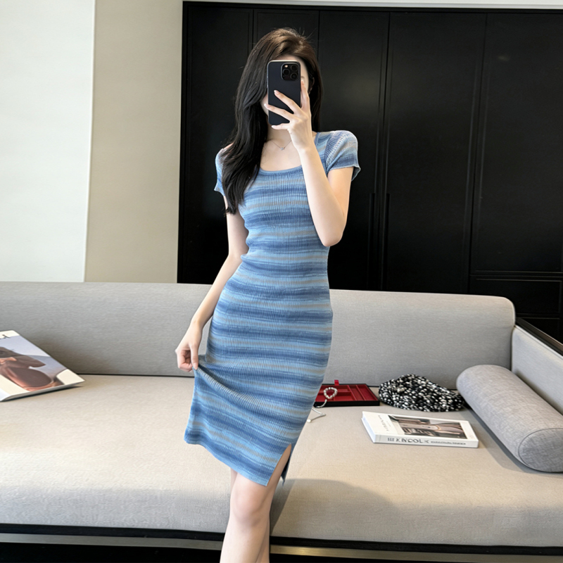 Gentle Style, Sweet Temperament, Summer Dress, Square Neck, Short-Sleeved, Striped Knitted Dress, Slit over the Knee, Hip-Hugging T-Shirt Dress