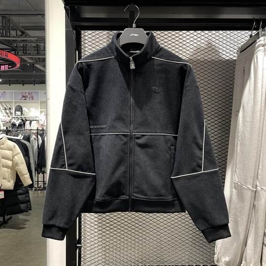 李宁时尚风衣男子春季款宽松加绒保暖灯芯绒针织立领外套AFDU031