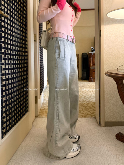 大于诗集 all in好搭 沙色复古水洗牛仔裤女拉链微喇宽松阔腿裤夏