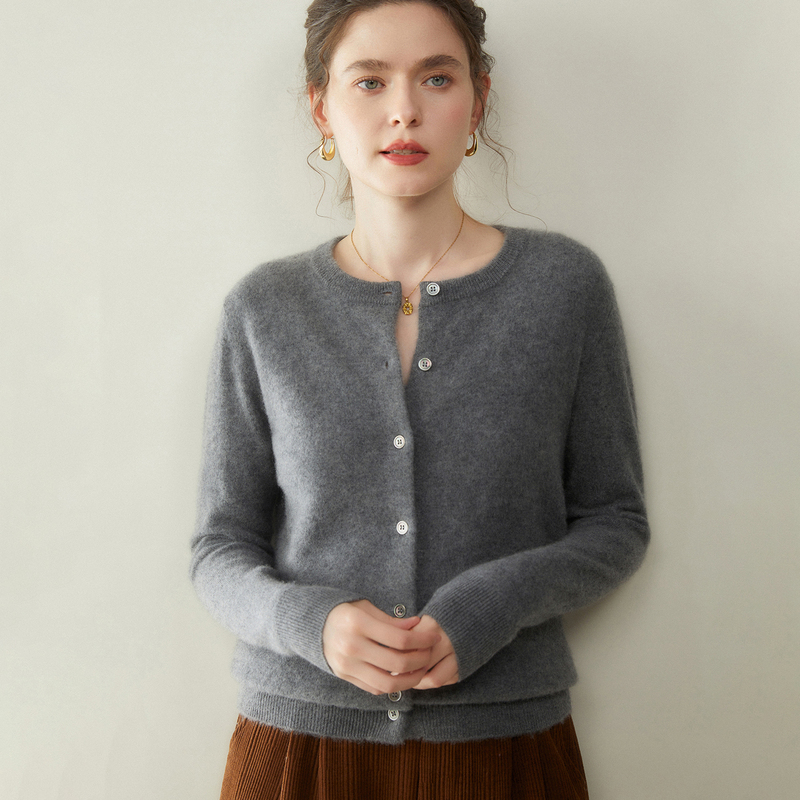 Meng Jinjiao Small Goat Low Round Neck Cashmere Cardigan Outerwear Women's Long-Sleeved Korean Style Loose Sweater Knitwear