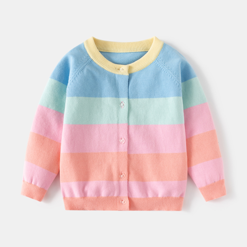 Girls' Thin Outerwear Children's Sweater Cardigan Rainbow Color Contrast Stripes Girls' Autumn Coat Versatile Knitwear